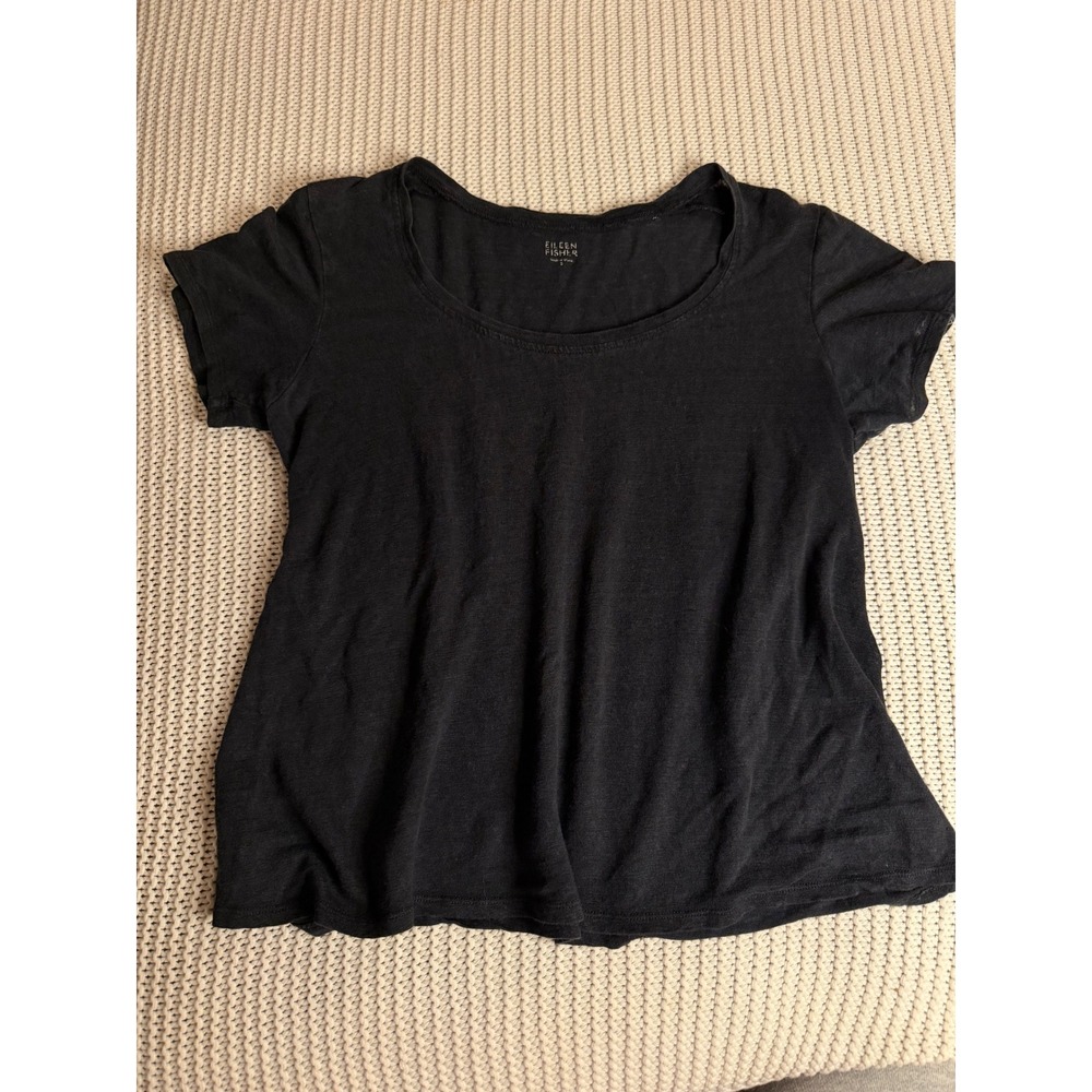 Eileen Fisher Womens Small Black 100% Linen Scoop Neck Short Sleeve T-Shirt Top